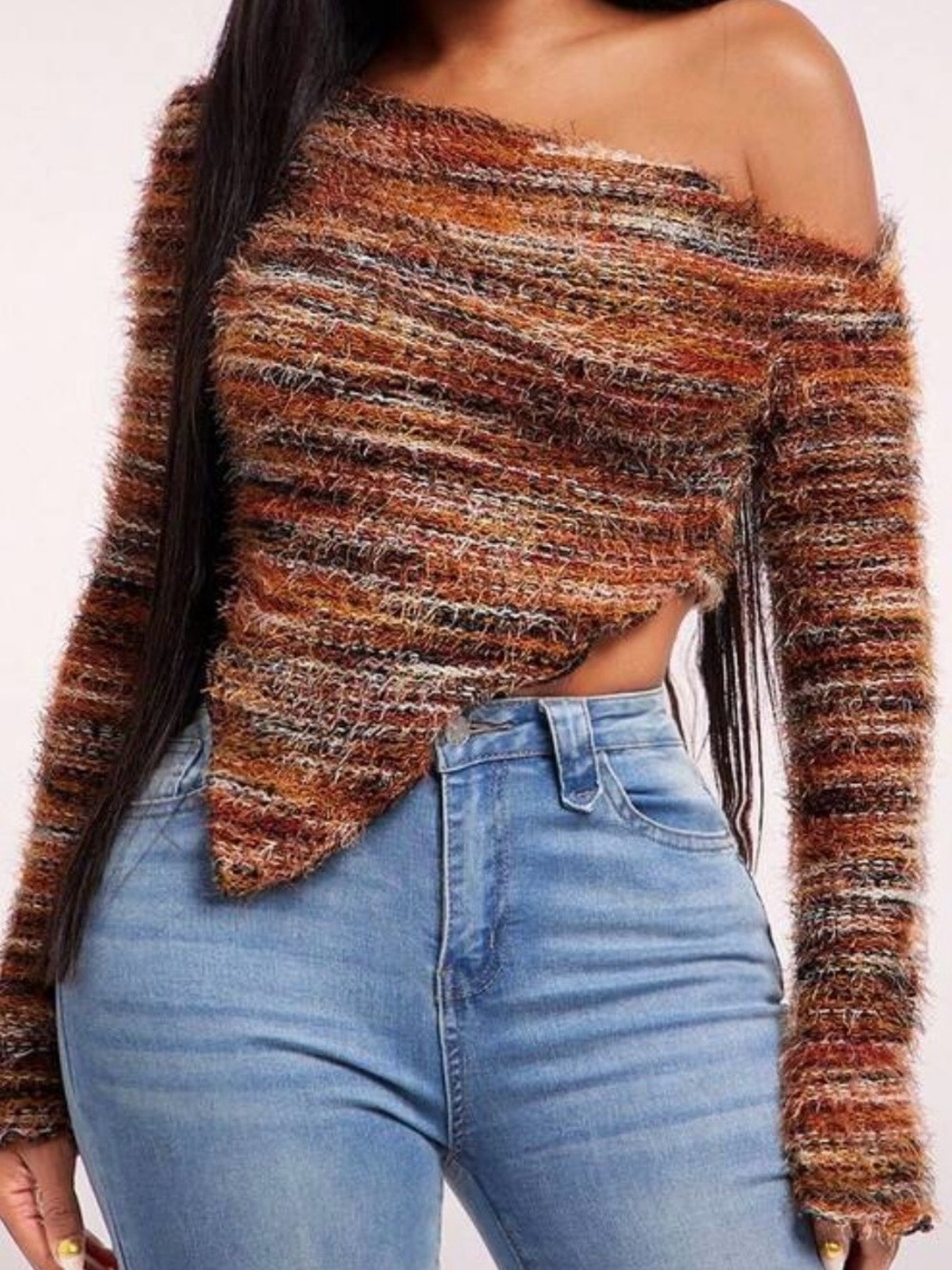 Asymmetric Off-Shoulder Women's Sweater - Rust Multi